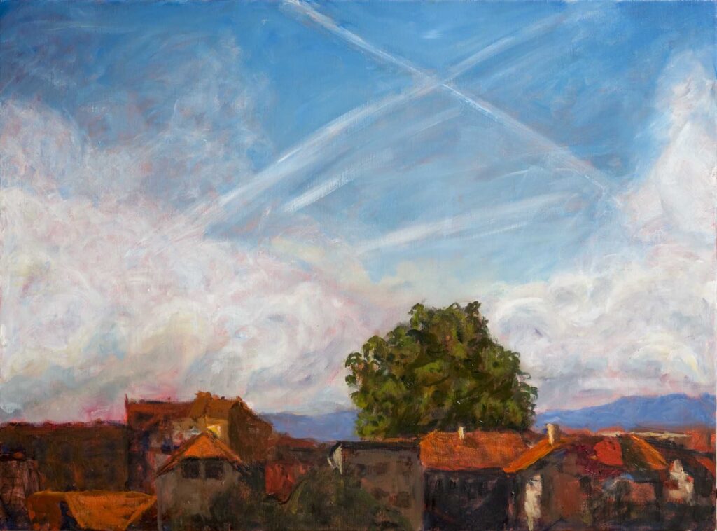 Painting of rooftops in Carouge - clouds, contrails