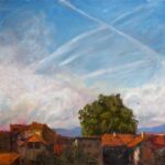 Painting of rooftops in Carouge - clouds, contrails