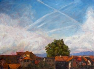 Rooftop and clouds Carouge with contrails painting
