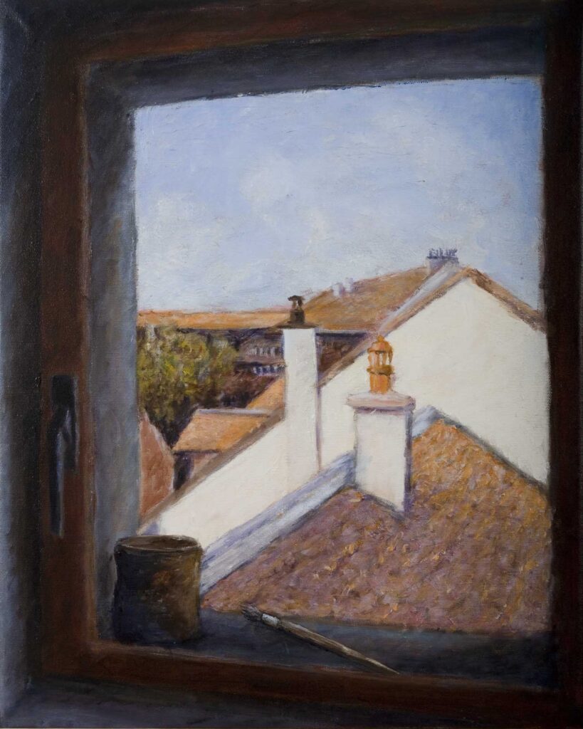 Rooftops through the window Carouge painting