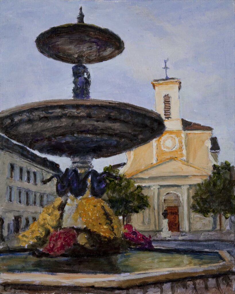 Fountain in front of Sainte Croix Church Carouge painting