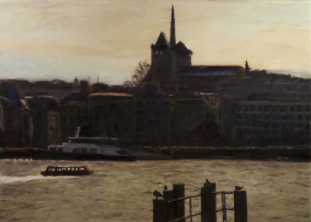Lake with Geneva Cathedral Twilight Painting
