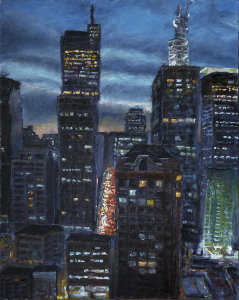 Painting of evening street scene in Makati, Manila