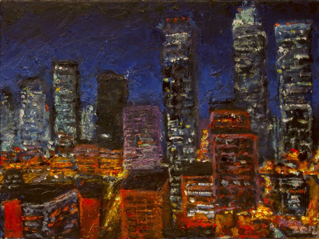 Painting of street scene at night in Makati, Manila