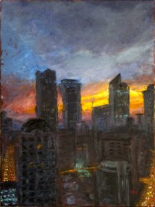 Sunset behind Makati skyscapers painting