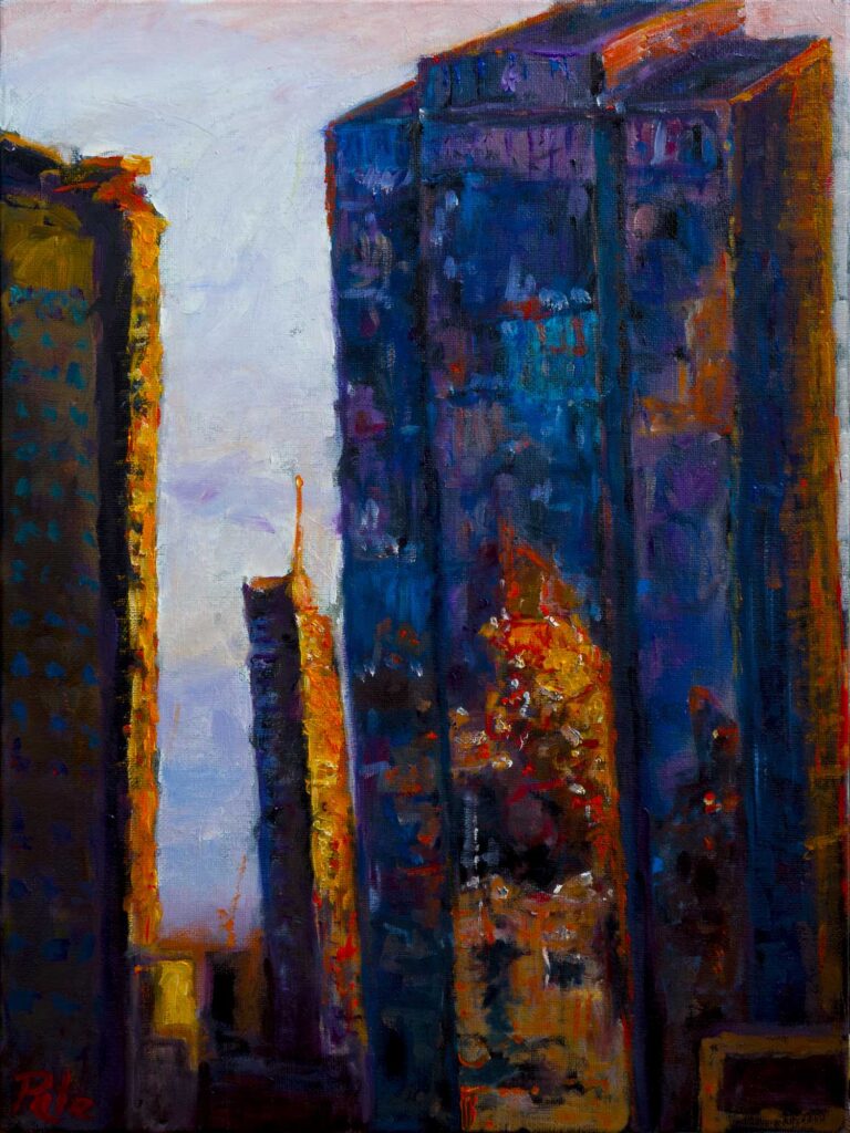 Painting of skyscrapers sunset relections in Makati, Manila