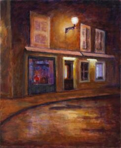 A cafe street front at night in Carouge painting