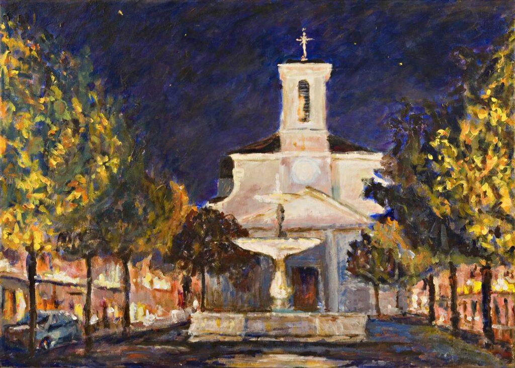 Place du Marche and  Sainte Croix Church Night Painting in Carouge