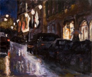 night scene painting of Carouge in the rain with reflections