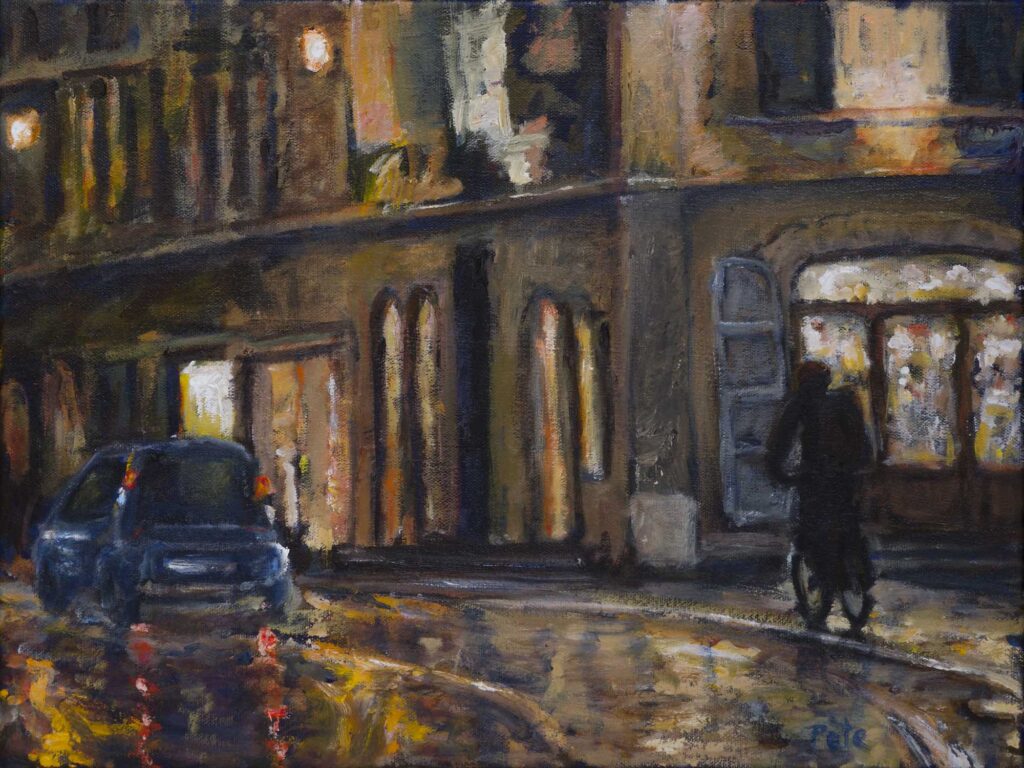 Rainy street with cyclist Carouge painting