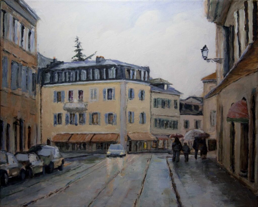 Rue du Marché in the rain Carouge painting