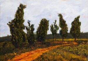 painting of cyprus trees in the wind in Provence