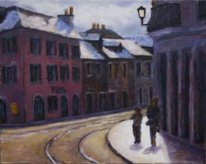 painting of street scene in Carouge with people in silhouette