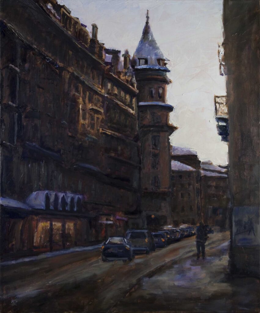 Rue des Eaux-Vives Geneva with snow in evening painting
