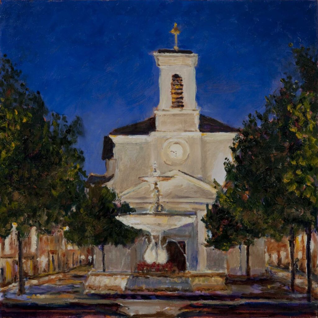 Fountain and Sainte Croix at night Carouge painting