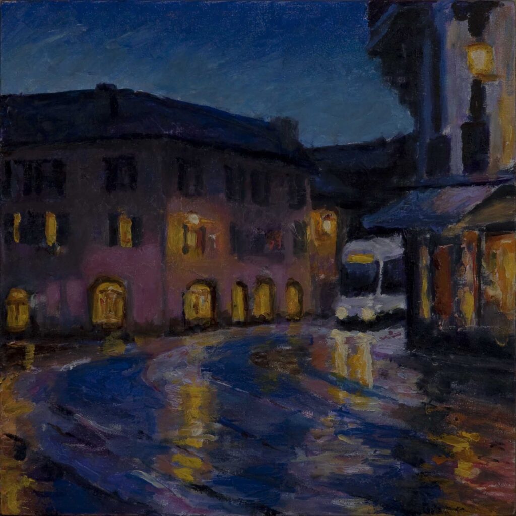 Tram at night in the rain street scene Carouge painting