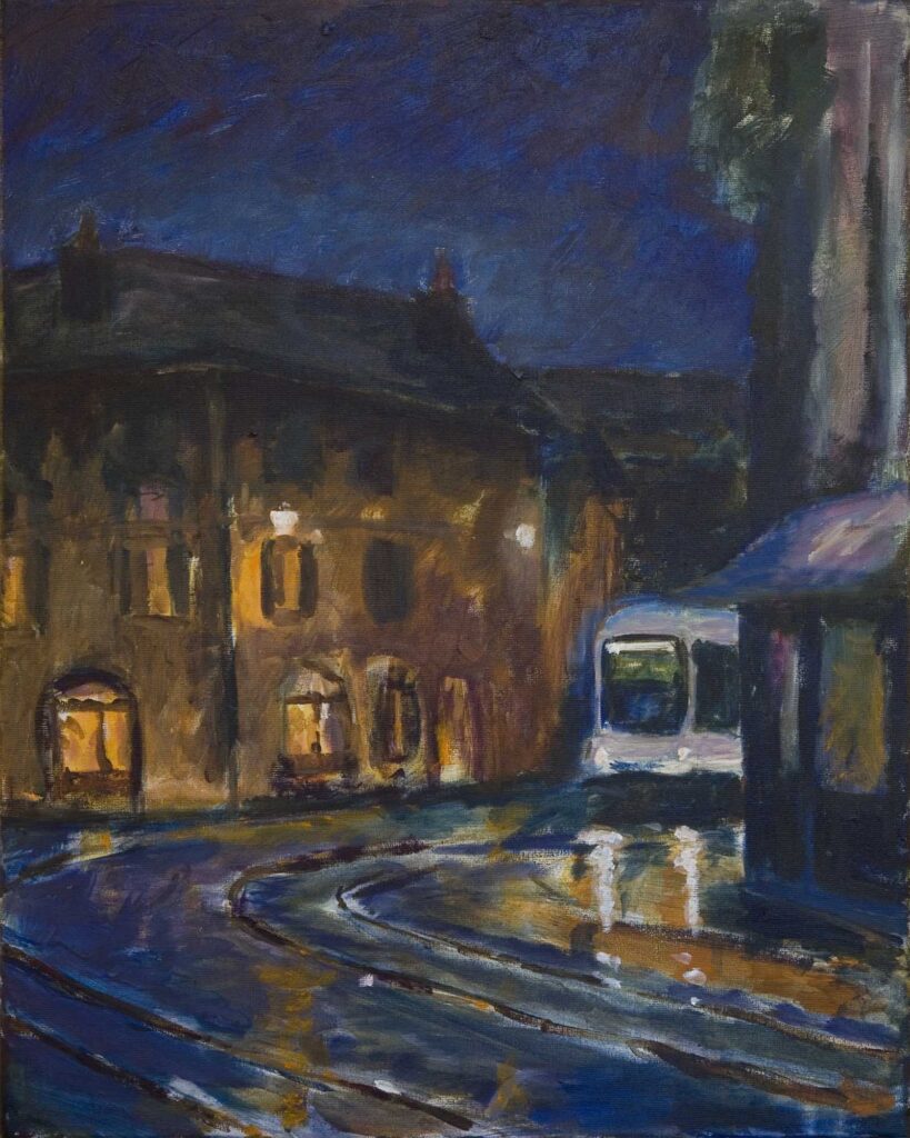 Tram at night in the rain street scene Carouge painting