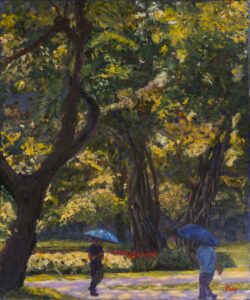 Ayala park with men using umbrellas for shade painting