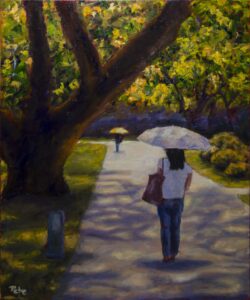 painting of people with umbrellas in Ayala park Manila