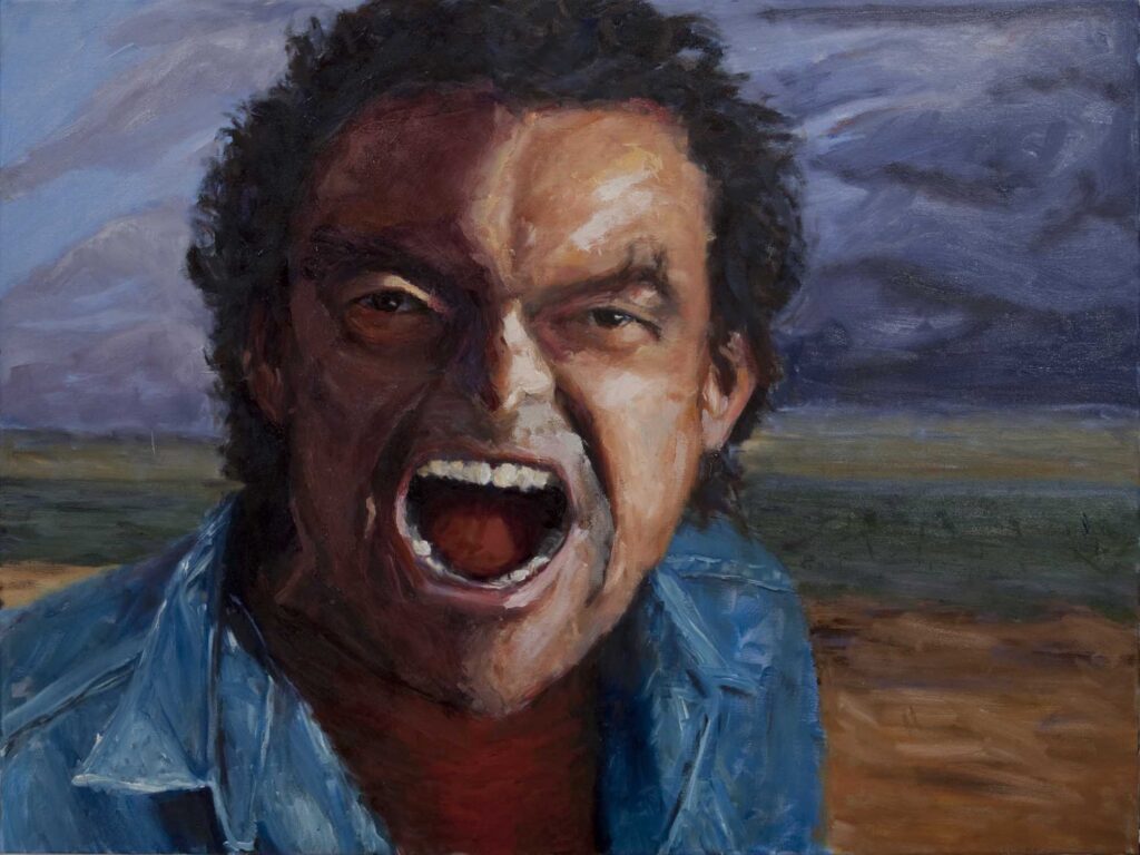 Self portrait painting shouting in imaginary landscape