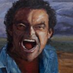Self portrait painting shouting in imaginary landscape