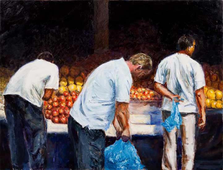 Oil painting of three men shopping at the Athens food market.